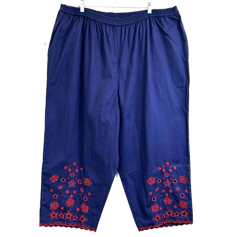 Quacker Factory Purple Capri Pants Size 3X Floral Embroidered Cotton Pants